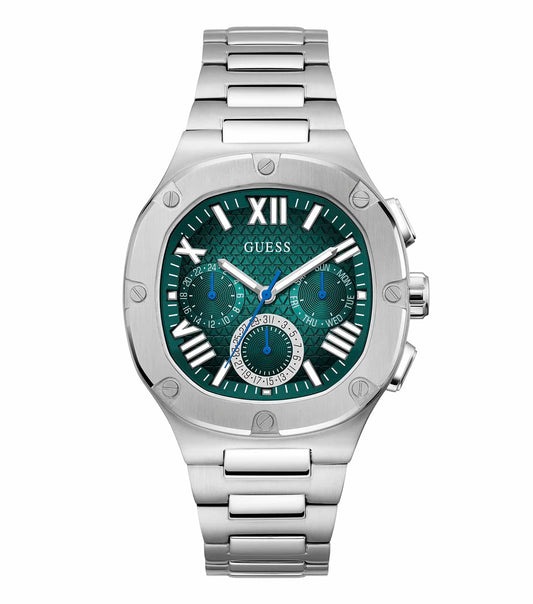 Sophisticated Guess watch in elegant silver, showcasing the dial and band from a top-down angle, ideal for stylish enthusiasts.