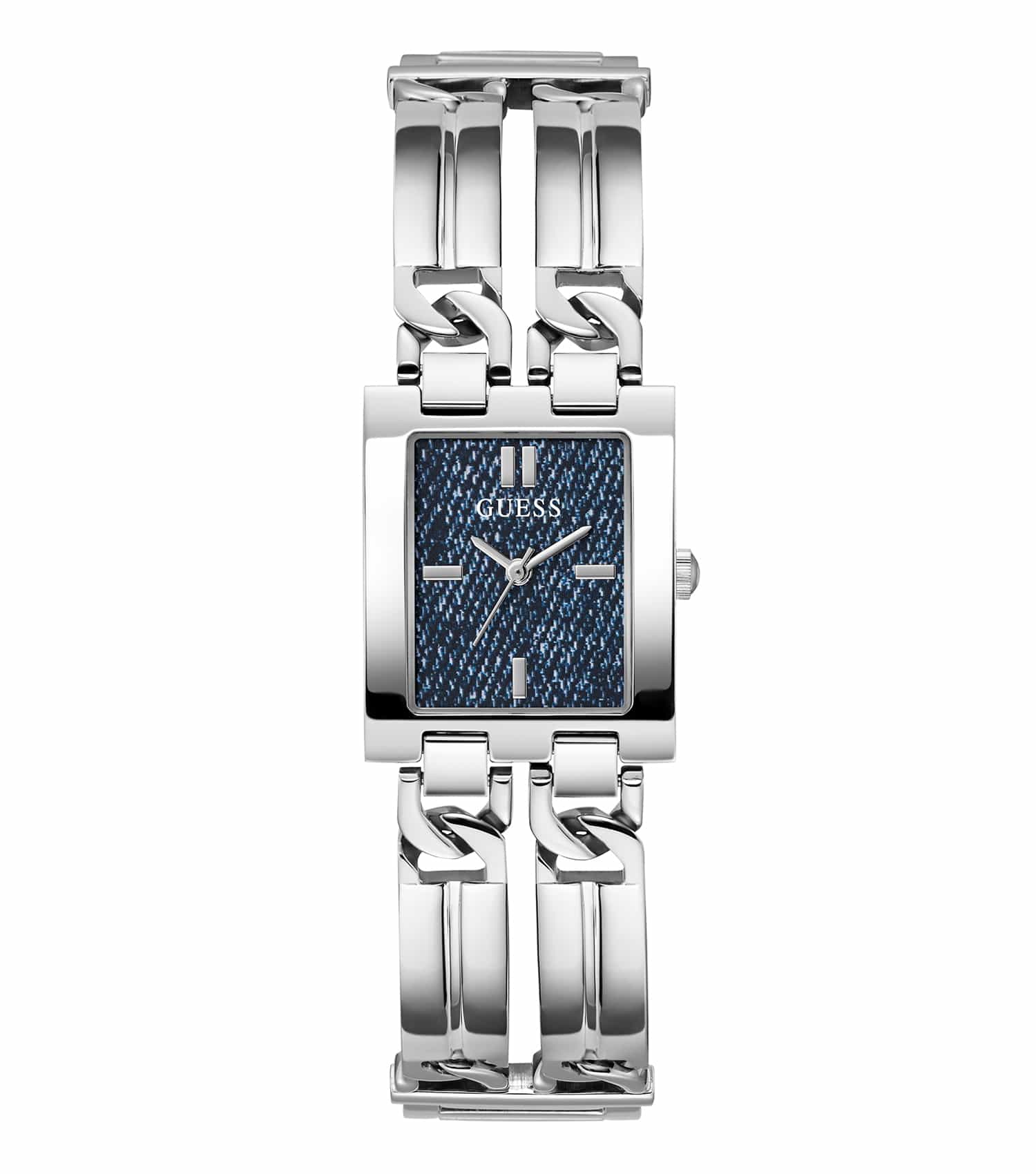 Elegant Guess watch with a sleek silver band and minimalist black face, shot from an angled top view, exuding timeless style.