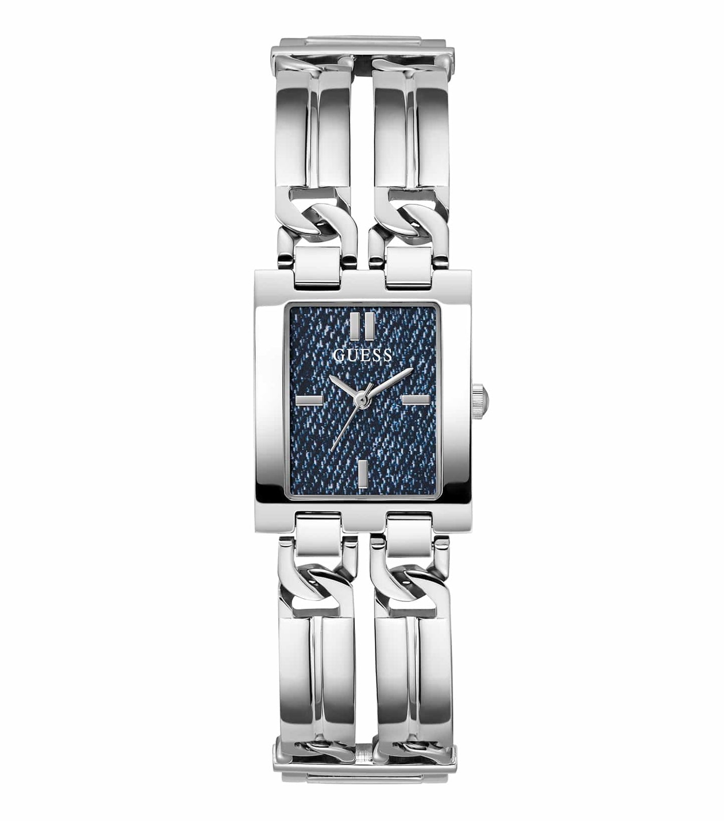 Elegant Guess watch with a sleek silver band and minimalist black face, shot from an angled top view, exuding timeless style.