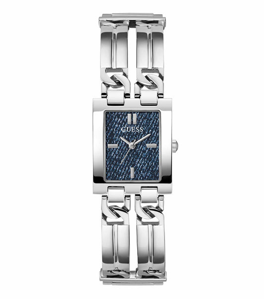 Elegant Guess watch with a sleek silver band and minimalist black face, shot from an angled top view, exuding timeless style.