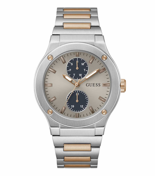 Guess jet-black watch with sleek metal strap, viewed from a stylish angle. Embrace timeless elegance with this must-have accessory.
