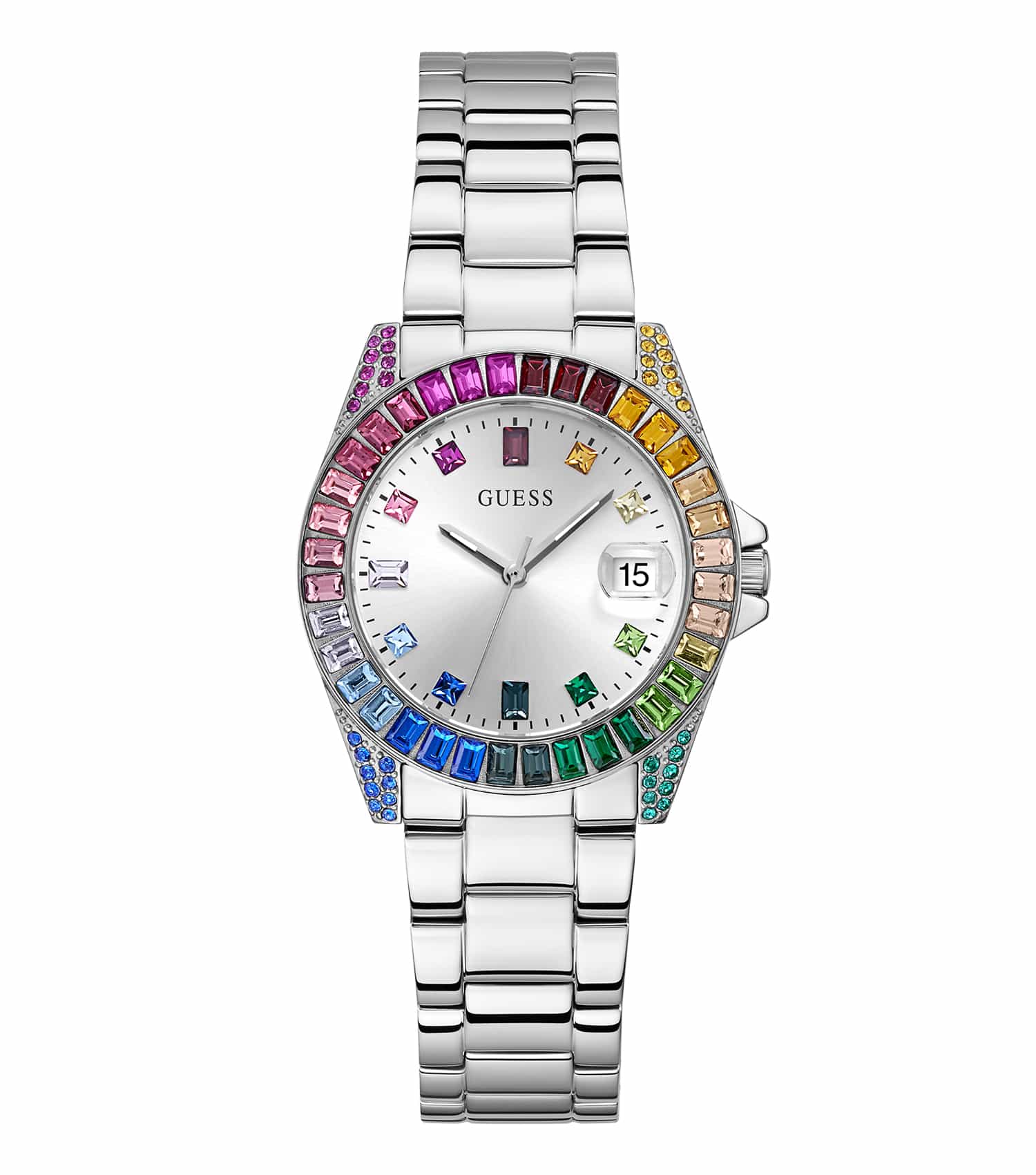 GUESS Opaline Quartz watch in focus, featuring elegant design with a subtle color, captured at a frontal angle, stylish timepiece appeal.