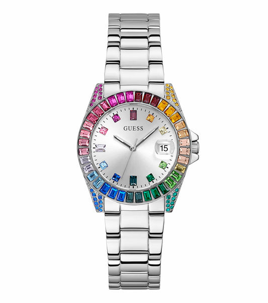 GUESS Opaline Quartz watch in focus, featuring elegant design with a subtle color, captured at a frontal angle, stylish timepiece appeal.