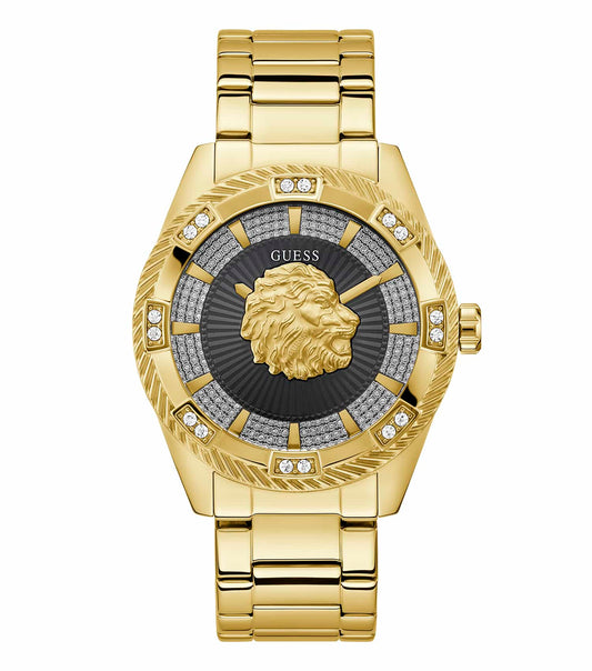 GUESS Quartz Watch showcasing a sophisticated dial in a warm hue, highlighted by elegant straps, shot from a slightly elevated angle.