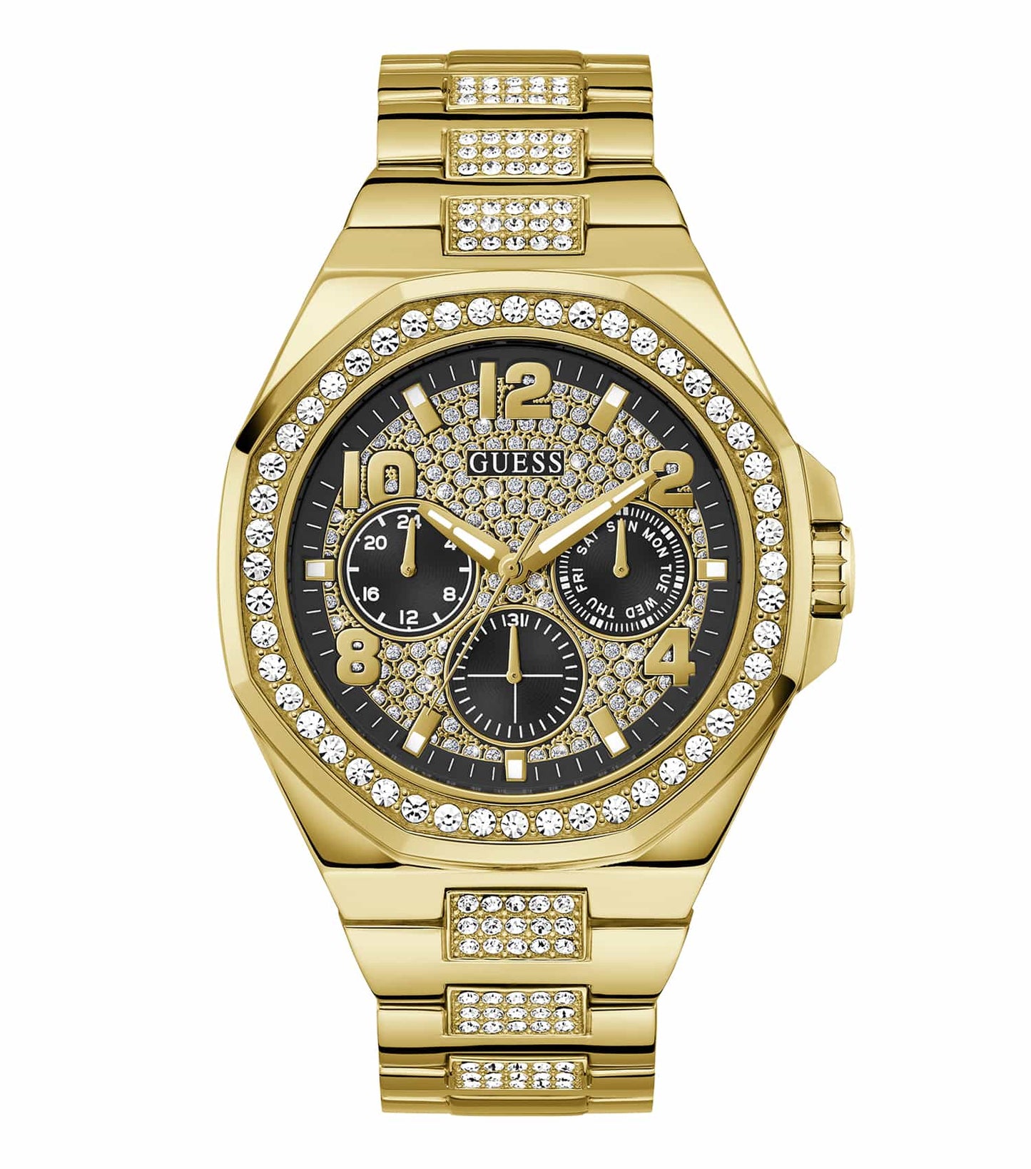 Elegant Guess watch in warm hues with a round face and classic design, showcased at a slight angle, reflecting refined style.