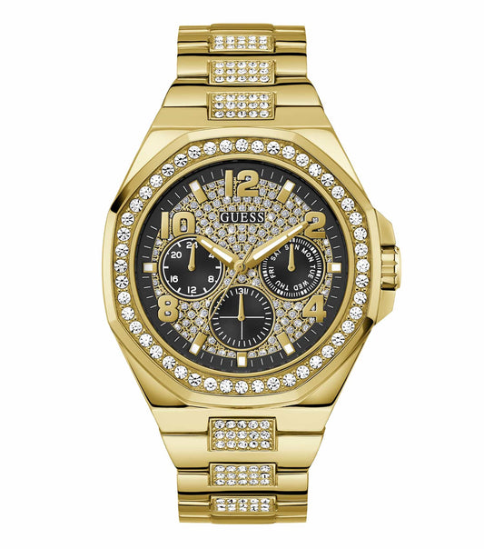 Elegant Guess watch in warm hues with a round face and classic design, showcased at a slight angle, reflecting refined style.