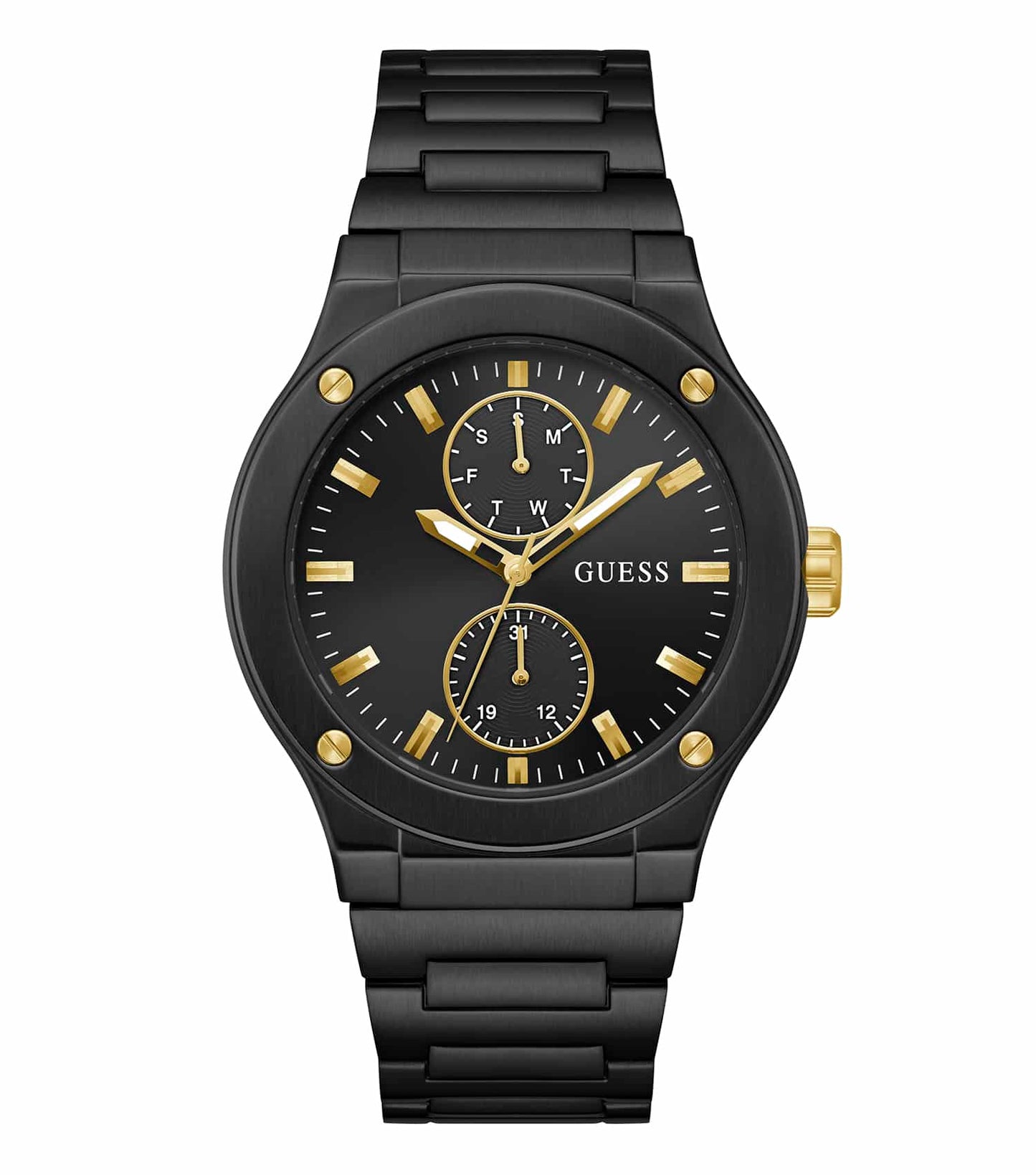 GUESS watch in jet black with a sleek design, captured at an elegant angle; showcases luxury, style, and modern sophistication.
