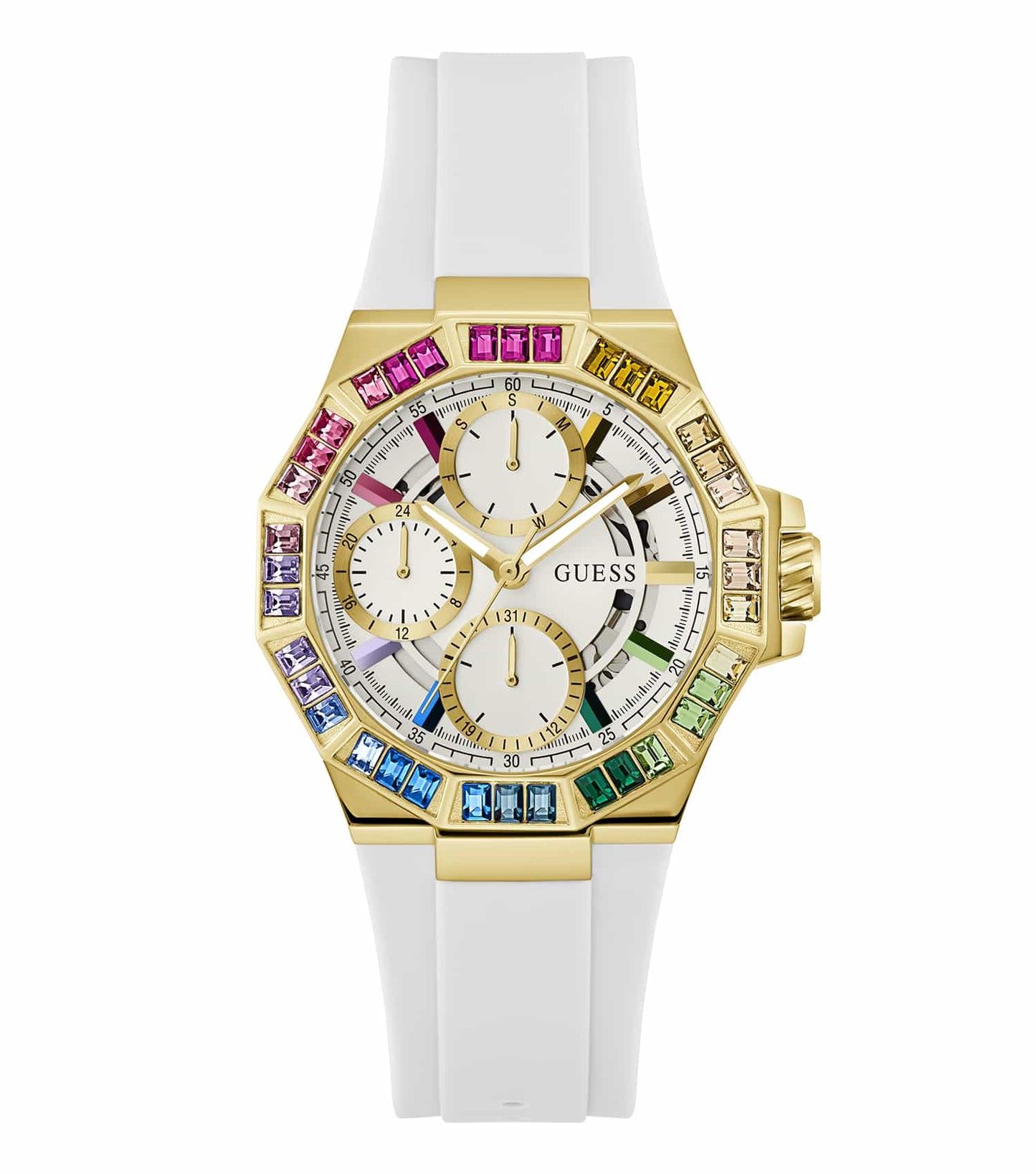 Elegant Guess watch in classic black, angled slightly to the right, showcases a minimalist design with golden highlights and a sleek silhouette.