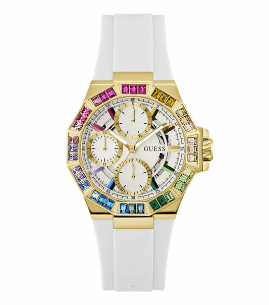 Elegant Guess watch in classic black, angled slightly to the right, showcases a minimalist design with golden highlights and a sleek silhouette.