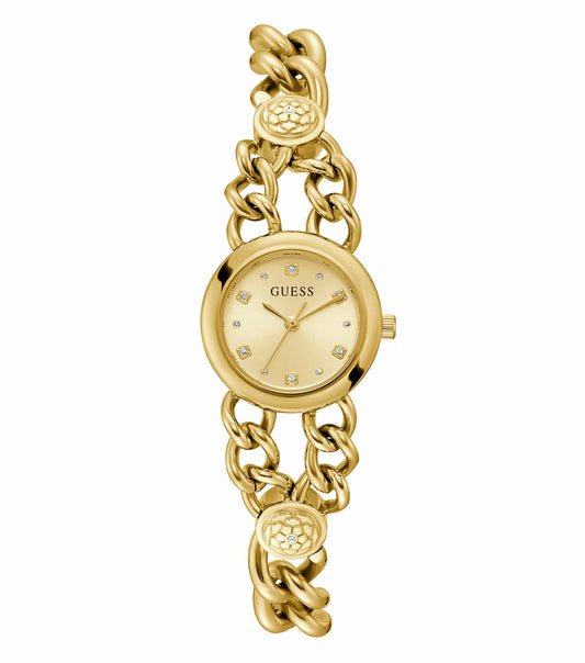 GUESS wristwatch in white color displayed at a dynamic angle against a dark background, showcasing sleek design and craftsmanship.
