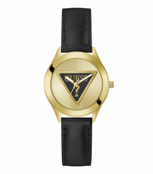 GUESS watch in a sleek, dark design displayed at a slight angle, showcasing the intricate face details and monochrome elegance.