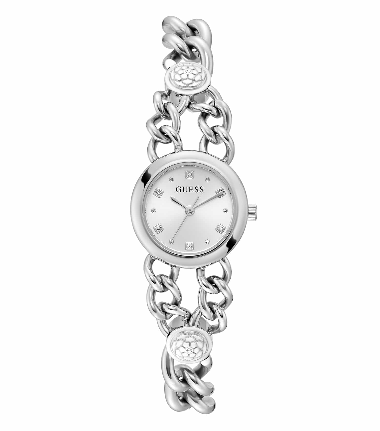 Stylish Guess quartz watch with a minimalist design, showcasing a rose gold finish from a tilted angle, perfect for trendsetters.