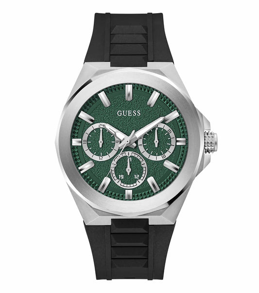 Guess Men's Quartz Watch in Dashboard color, side angle view, sleek design with silver detailing and a textured black dial.