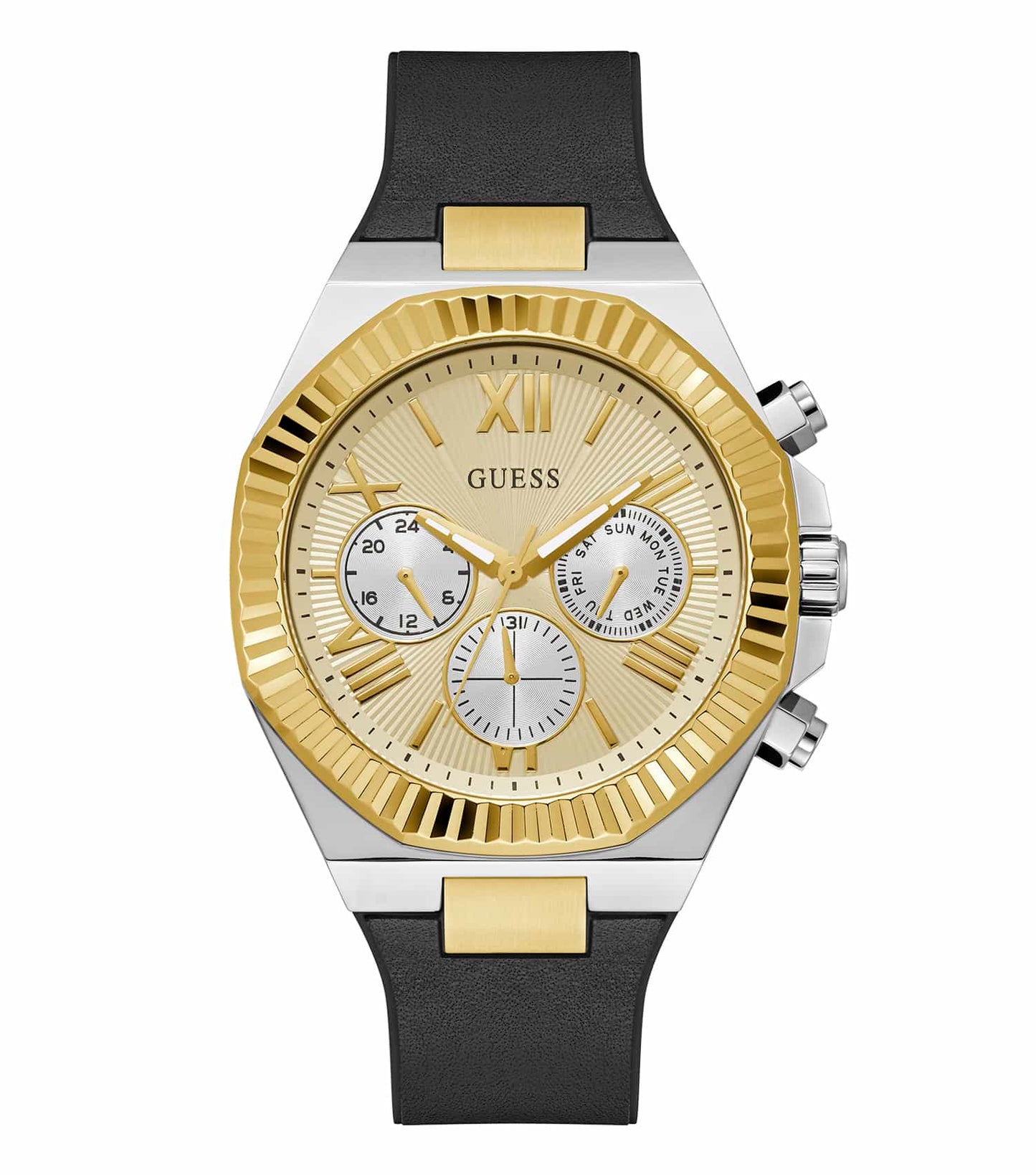 GUESS blue watch featuring a sleek face and silver chain strap, top-down view highlighting its stylish design.