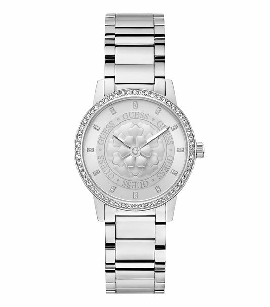 Elegant Guess watch in a soft petal shade, displayed at an angle showcasing its sleek design, with a metallic rose band shining.