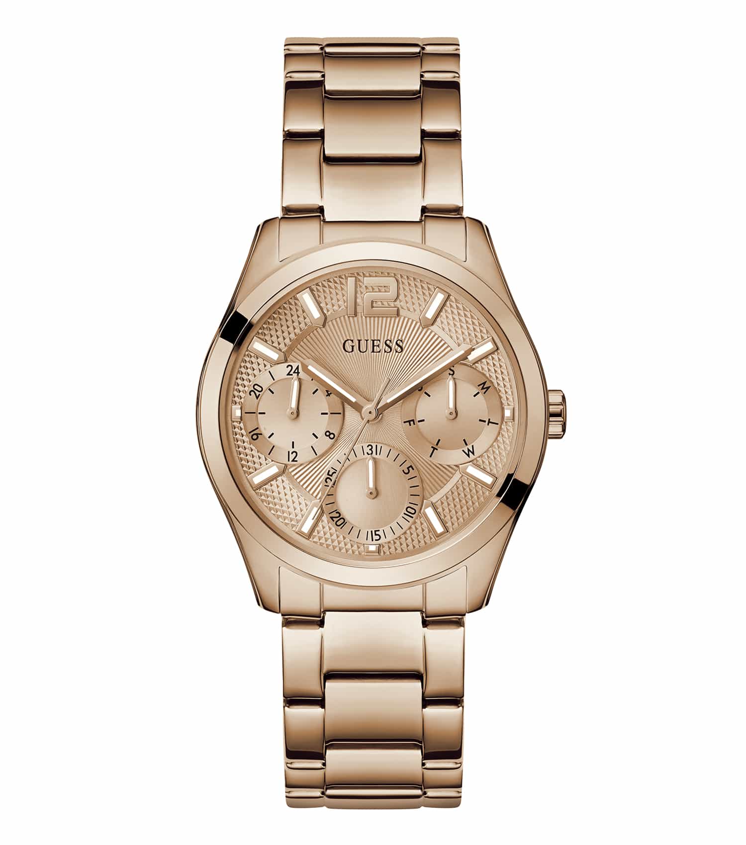 Elegant GUESS quartz watch in rose gold, close-up angle, showcasing intricate details and minimalist design for fashion enthusiasts.