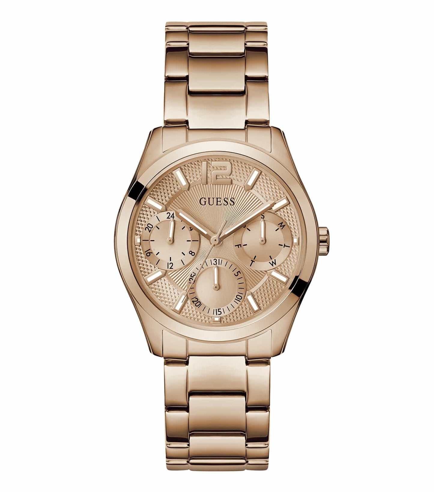 Elegant GUESS quartz watch in rose gold, close-up angle, showcasing intricate details and minimalist design for fashion enthusiasts.