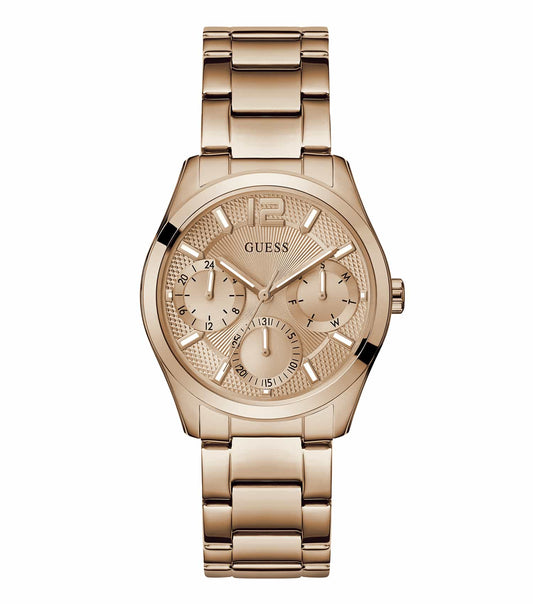 Elegant GUESS quartz watch in rose gold, close-up angle, showcasing intricate details and minimalist design for fashion enthusiasts.