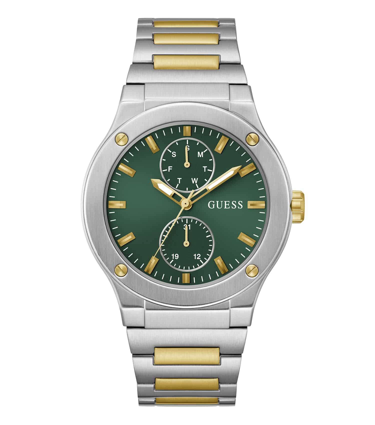 Guess black watch front view, stylishly modern with a bold display on a sleek black wristband, perfect for fashion enthusiasts.