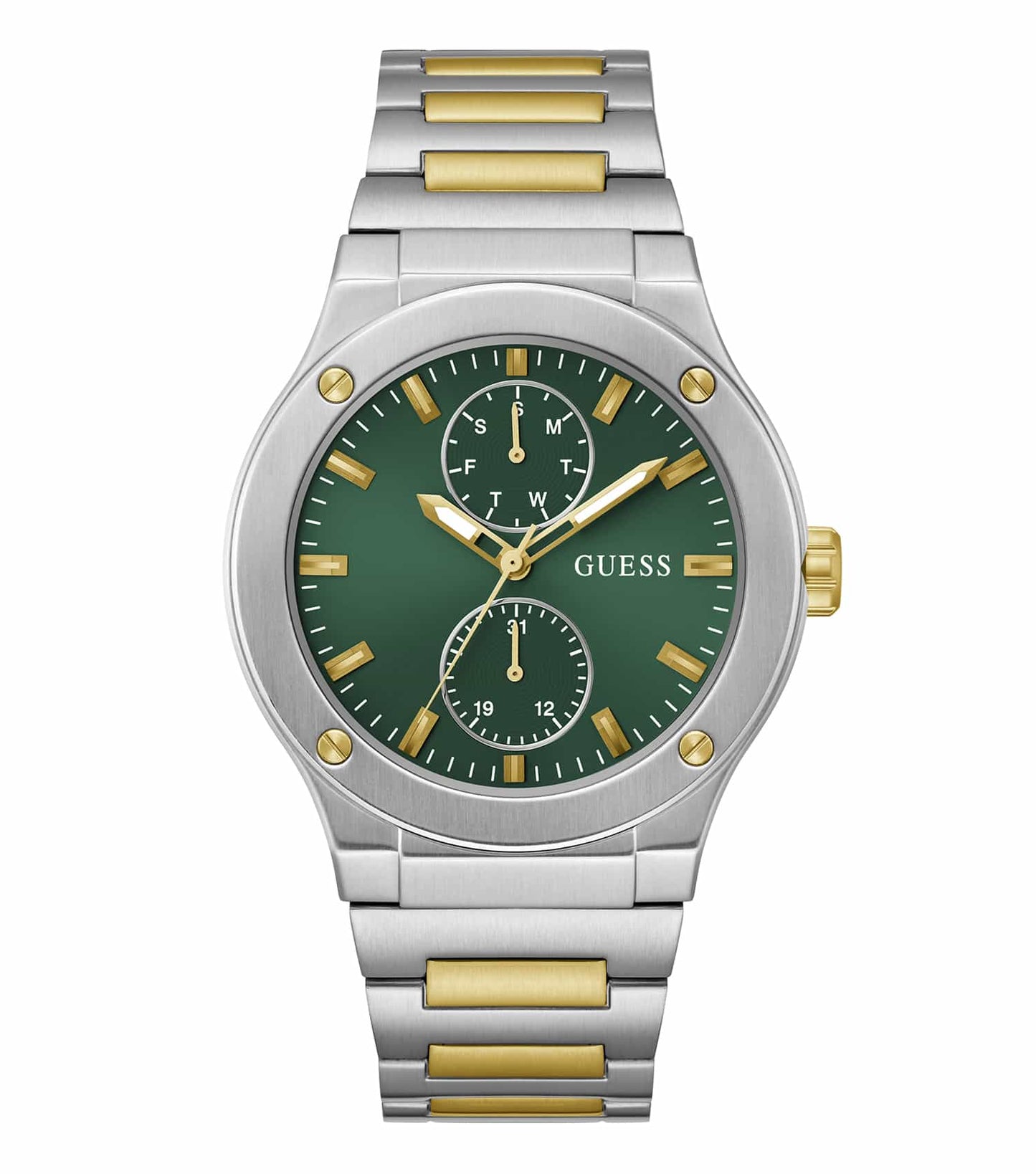 Guess black watch front view, stylishly modern with a bold display on a sleek black wristband, perfect for fashion enthusiasts.