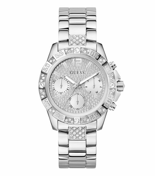 Elegant Guess watch with minimalist design, featuring a none-colored face, visible from a side angle, showcasing timeless appeal.