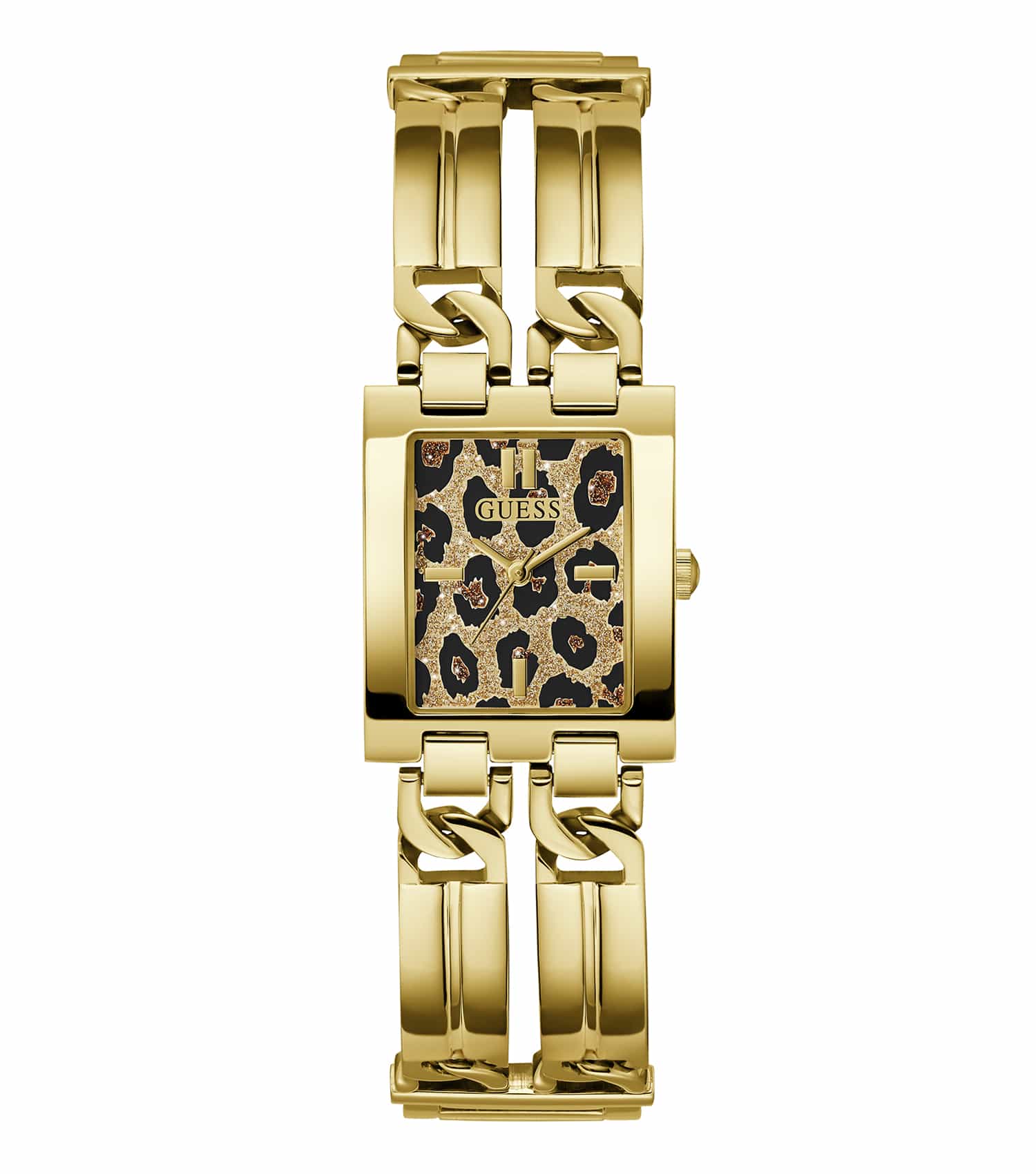 Elegant Guess watch with silver-tone bracelet and black dial, captured from a front angle, showcasing sleek design and luxury appeal.