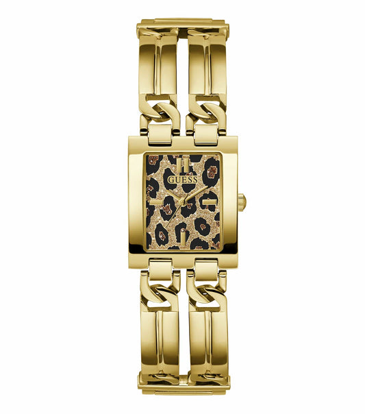 Elegant Guess watch with silver-tone bracelet and black dial, captured from a front angle, showcasing sleek design and luxury appeal.