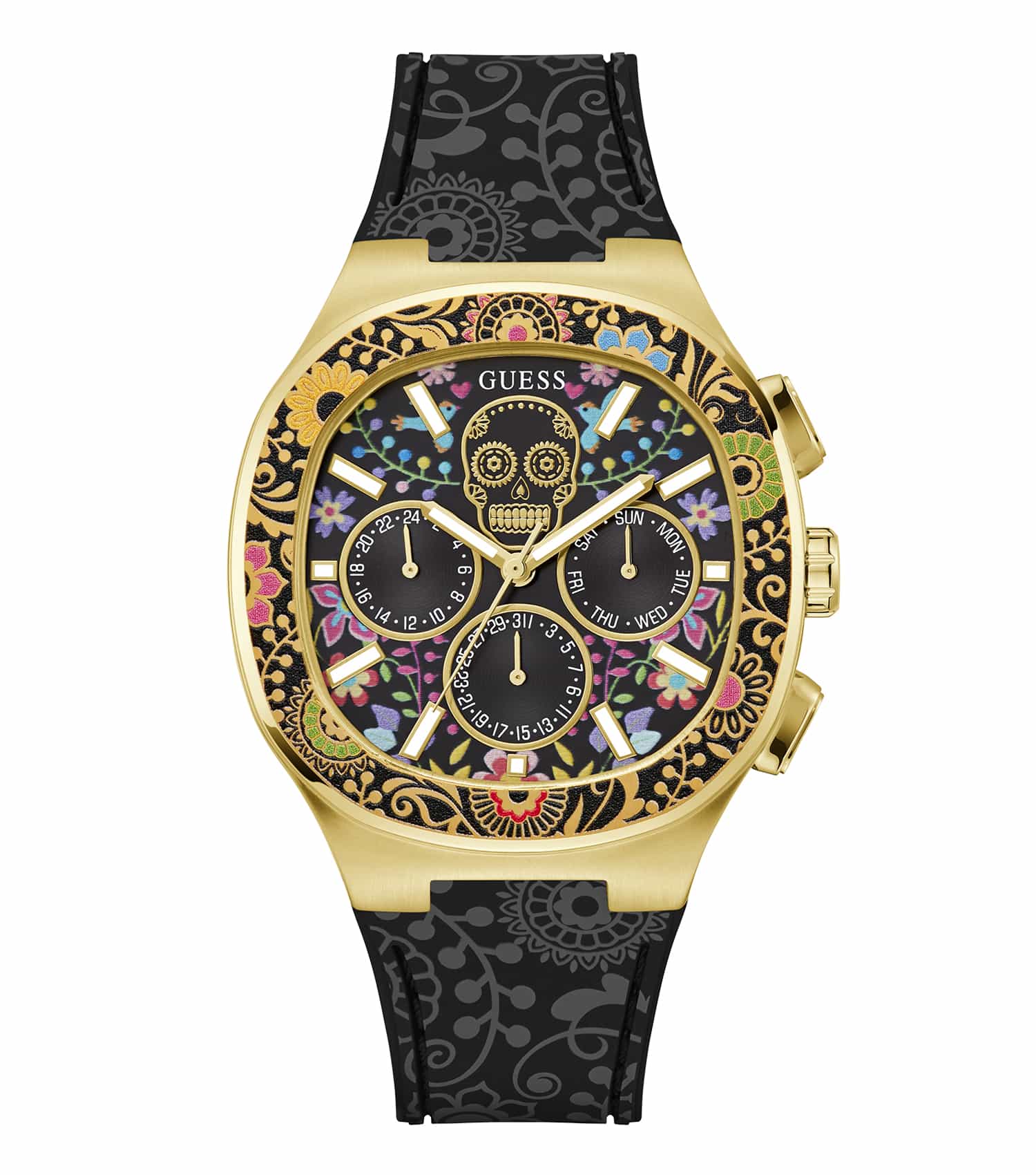 Elegant Guess watch in none color, featuring a round face with a modern design, showcased from a top-down angle.