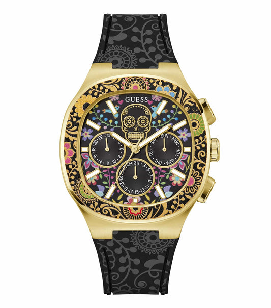 Elegant Guess watch in none color, featuring a round face with a modern design, showcased from a top-down angle.
