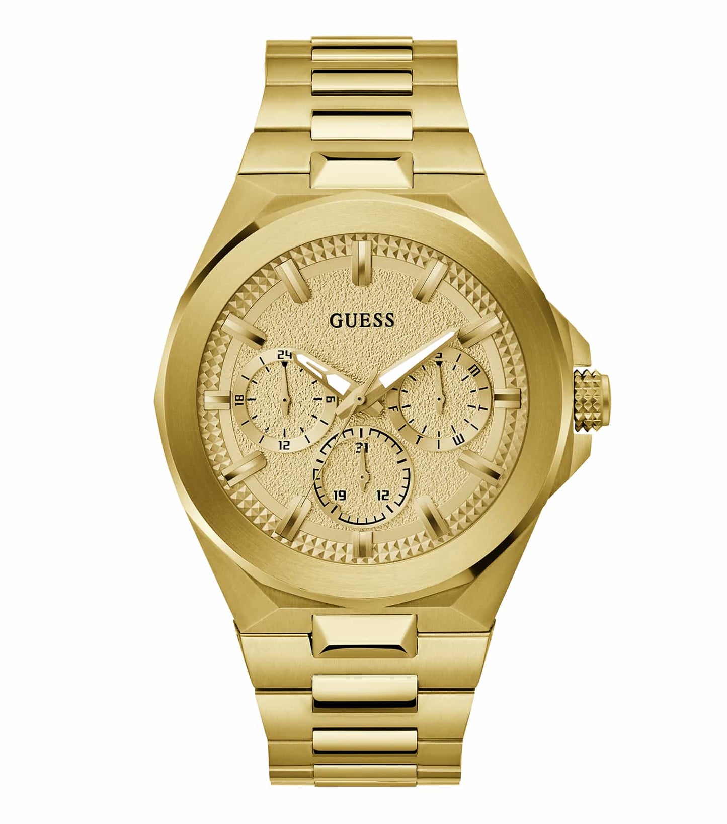 GUESS watch in monochrome, featuring a clean dial design and a sleek metal band, displayed at a slight upward angle.