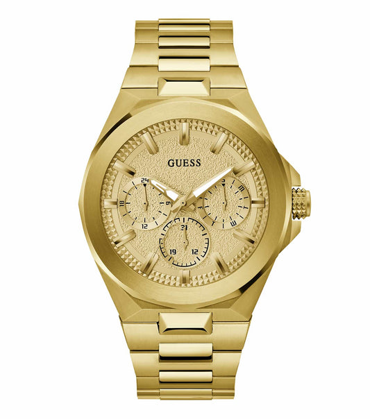 GUESS watch in monochrome, featuring a clean dial design and a sleek metal band, displayed at a slight upward angle.