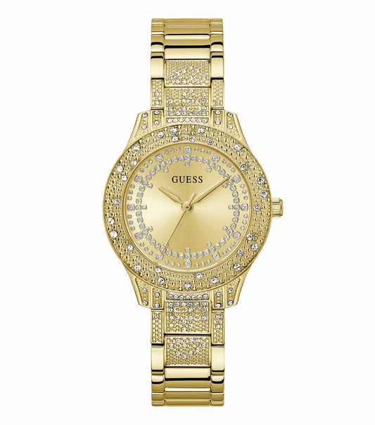 Elegant GUESS watch in star quartz color showcasing a slanted angle, highlighted by its sleek design and polished finish.