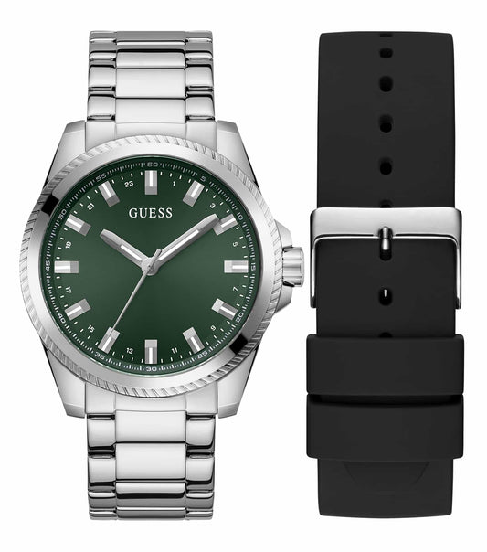 Guess silver-tone watch at a side-angle, showcasing a sleek, minimalist blue dial with silver markers against a white background.