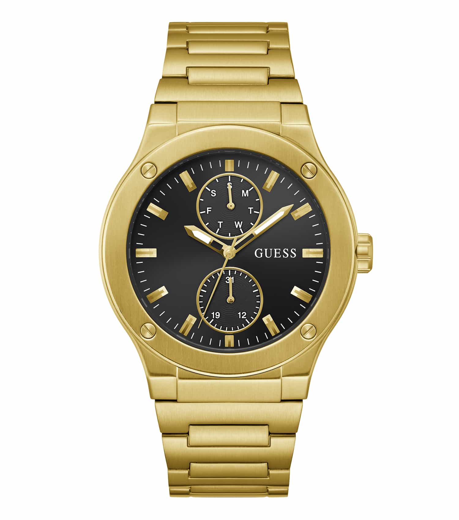GUESS Jet color watch, elegantly showcasing its intricate dial and sleek strap, beautifully captured from a front angle.