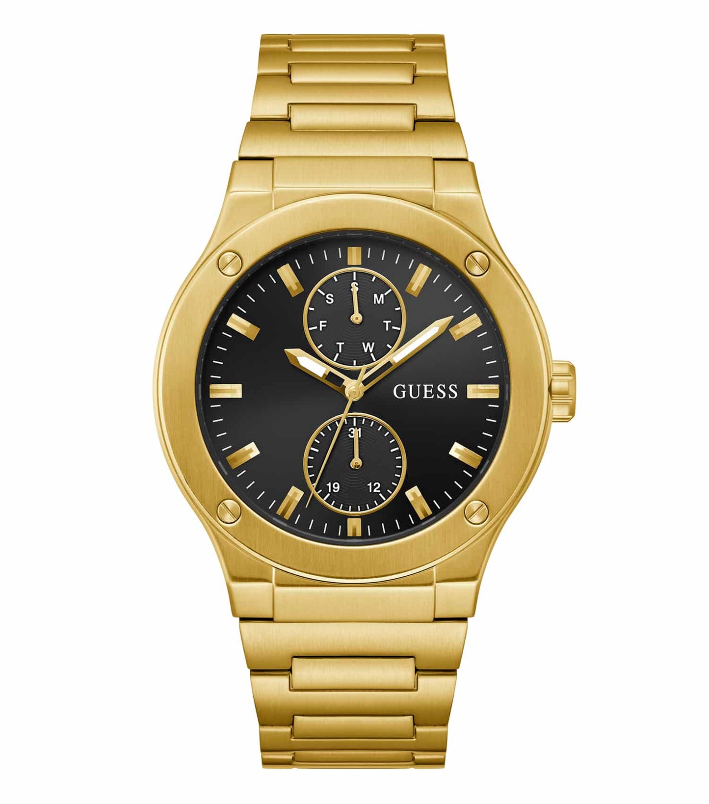 GUESS Jet color watch, elegantly showcasing its intricate dial and sleek strap, beautifully captured from a front angle.
