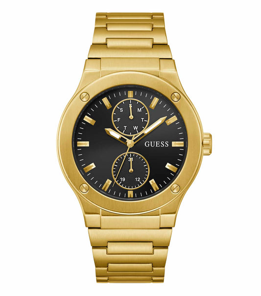 GUESS Jet color watch, elegantly showcasing its intricate dial and sleek strap, beautifully captured from a front angle.