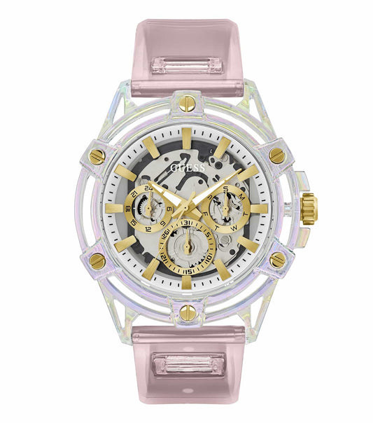 GUESS gold-tone watch with a minimalist design, featuring a round face and metal strap, displayed from a top-down angle.