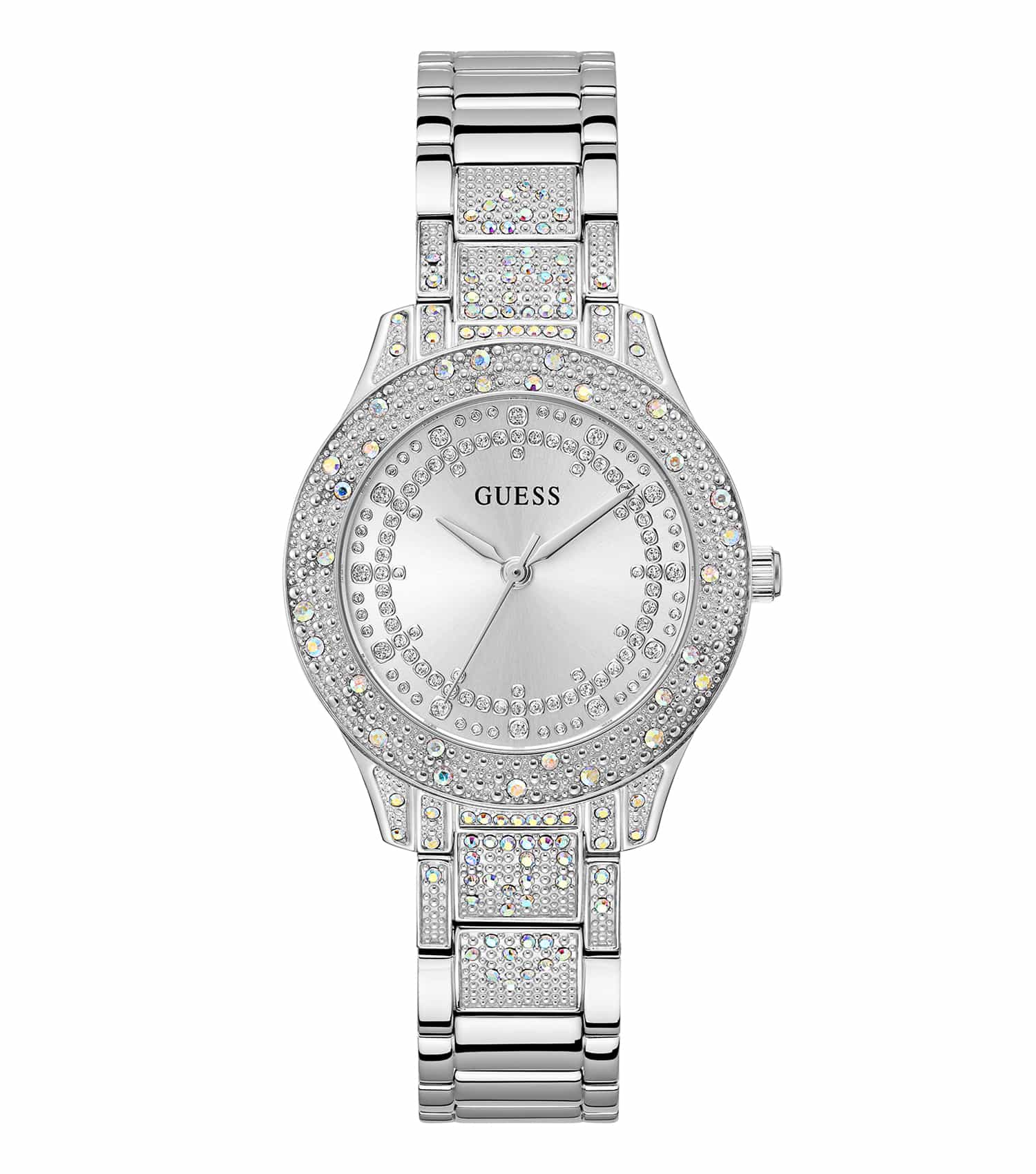GUESS none-color watch with metallic bezel, intricate detailing, and bold numerals, viewed from a side angle, embodying elegance.
