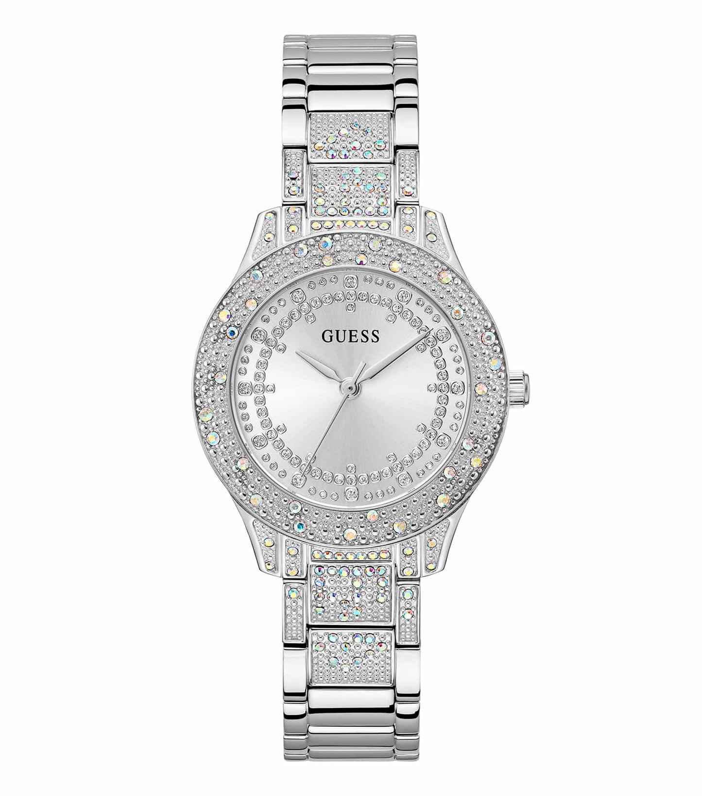 GUESS none-color watch with metallic bezel, intricate detailing, and bold numerals, viewed from a side angle, embodying elegance.
