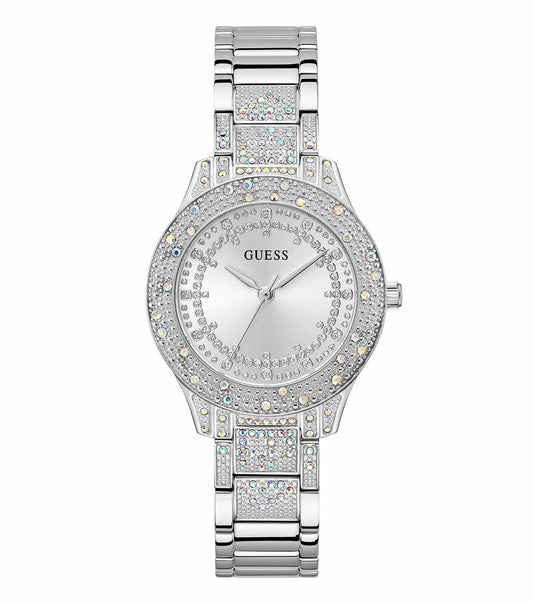 GUESS none-color watch with metallic bezel, intricate detailing, and bold numerals, viewed from a side angle, embodying elegance.