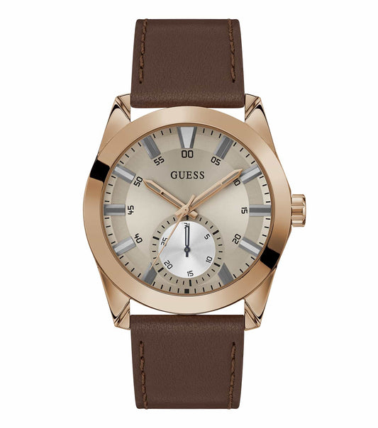 GUESS brand grey watch with a stylish easygoing flow, set at a side angle showcasing elegant craftsmanship and design detailing.