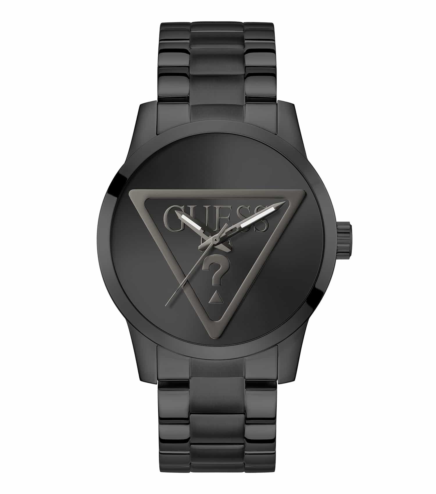 GUESS sleek black watch with a distinctive round dial, side-angle view showcasing minimalist design and stylish black leather strap.