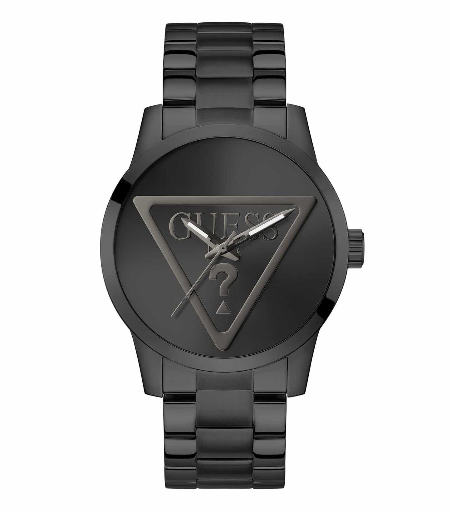 GUESS sleek black watch with a distinctive round dial, side-angle view showcasing minimalist design and stylish black leather strap.