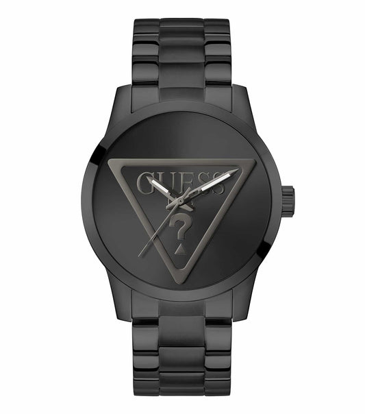 GUESS sleek black watch with a distinctive round dial, side-angle view showcasing minimalist design and stylish black leather strap.