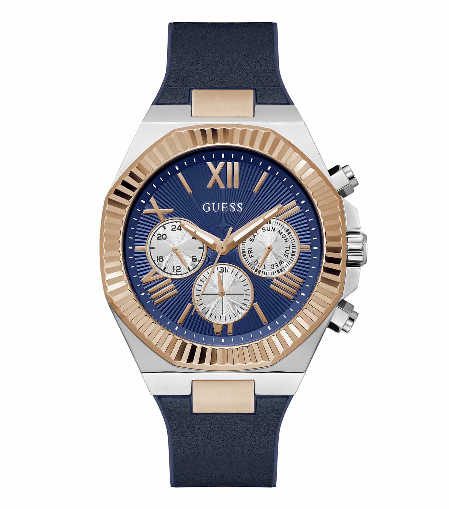 Guess watch in sleek silver, featuring a round face with minimalist hands and markers, angled from the front showcasing its elegant design.