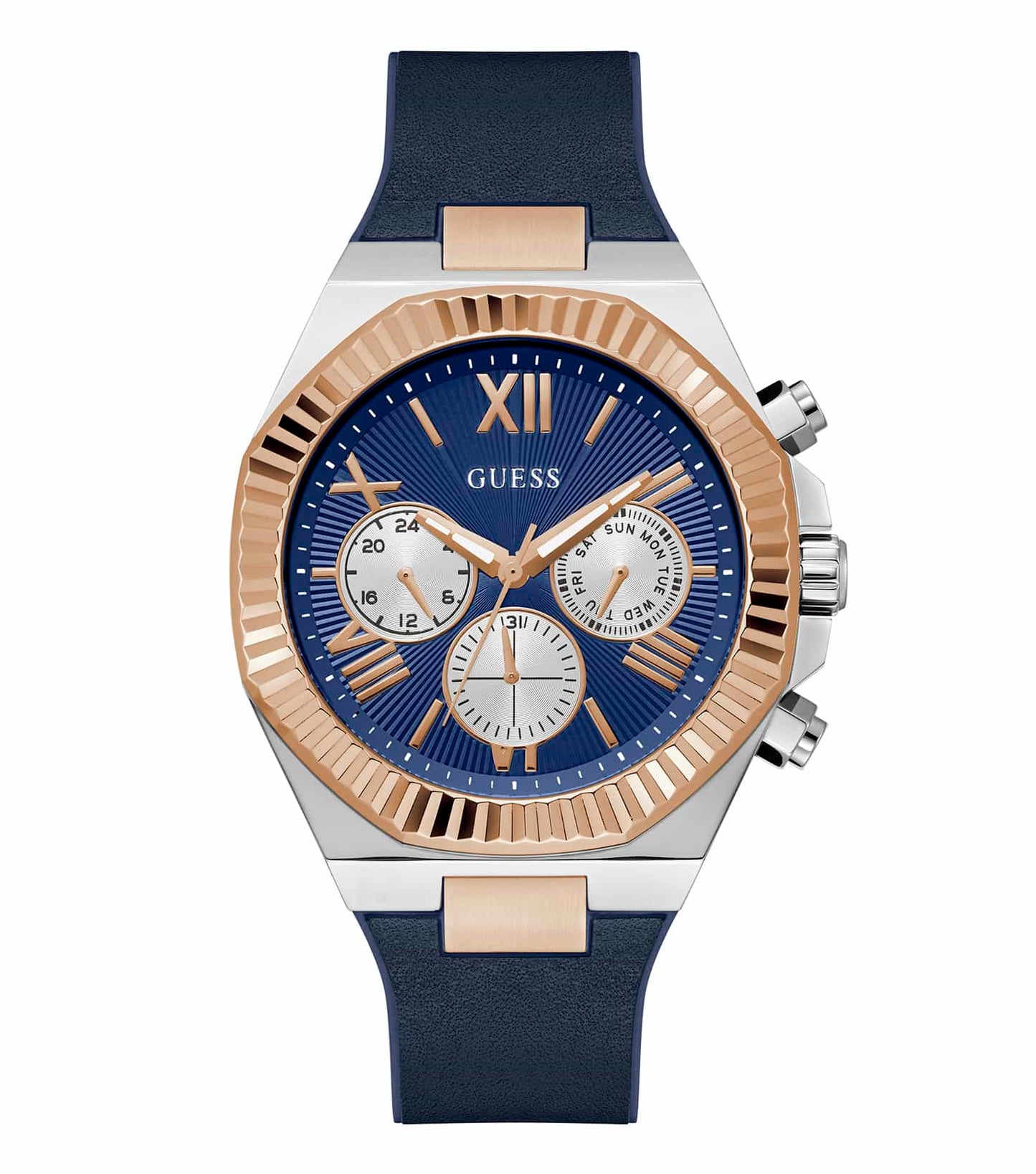 Guess watch in sleek silver, featuring a round face with minimalist hands and markers, angled from the front showcasing its elegant design.