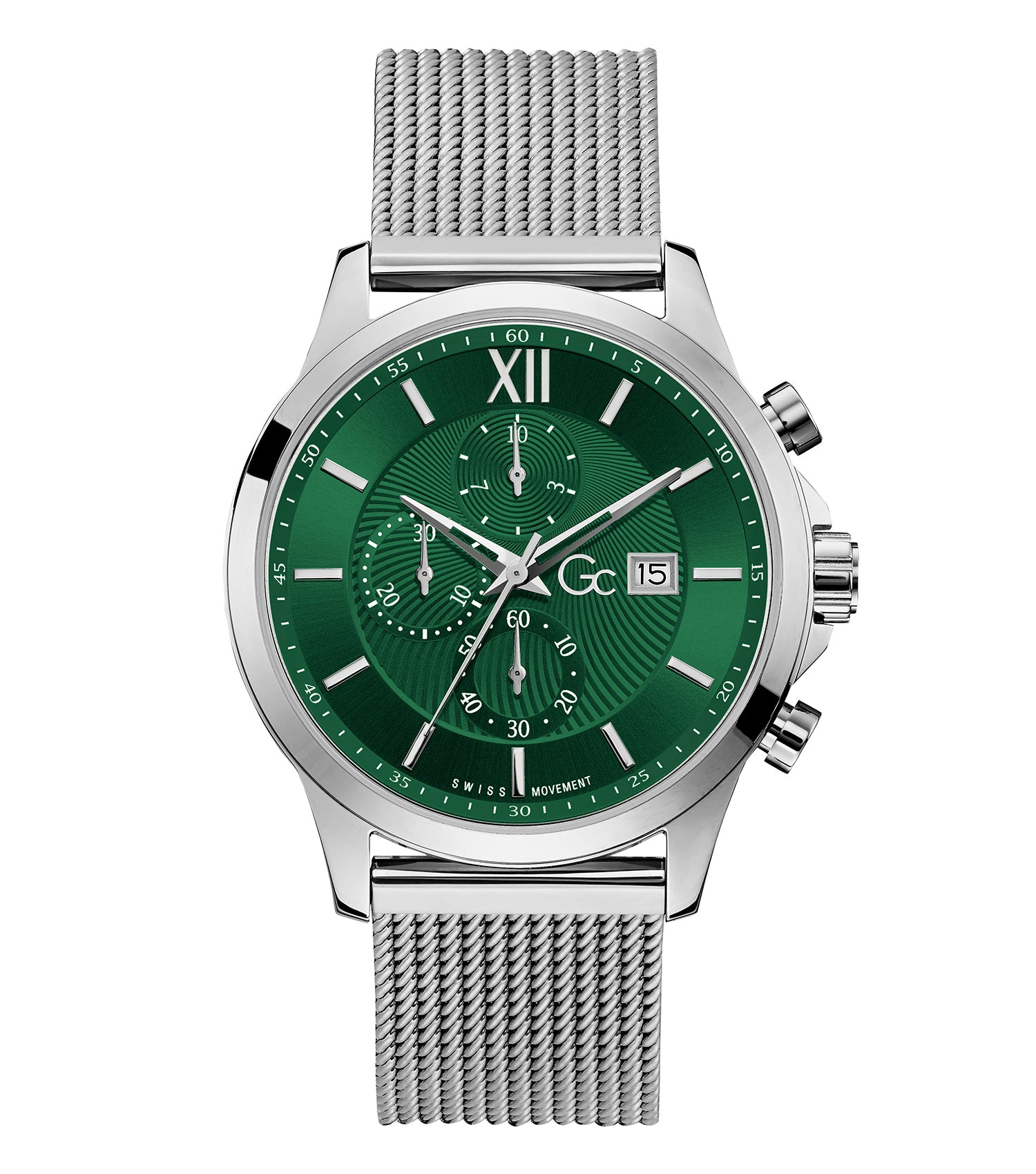 Gc watch in quartz color, showcasing the intricate face details and sleek strap, presented at a striking 45-degree angle.