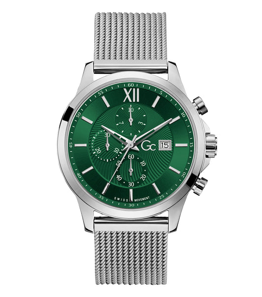 Gc watch in quartz color, showcasing the intricate face details and sleek strap, presented at a striking 45-degree angle.