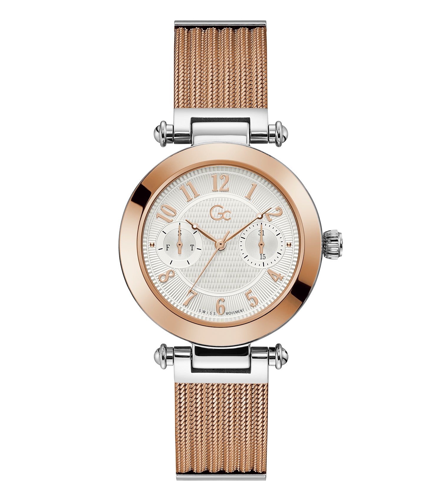 Primechic GC watch in sleek stainless steel with captivating blue face, viewed from a front angle, exudes timeless elegance.
