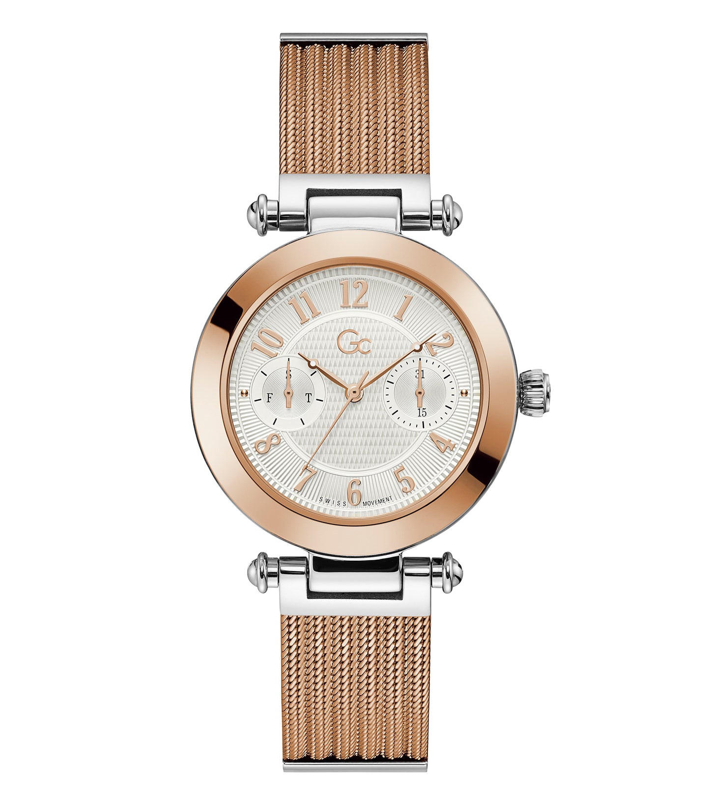 Primechic GC watch in sleek stainless steel with captivating blue face, viewed from a front angle, exudes timeless elegance.